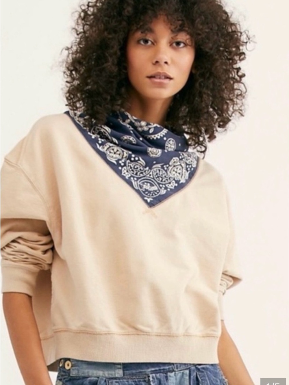 Free People Beige Cropped Sweatshirt with Navy Bandana Accent